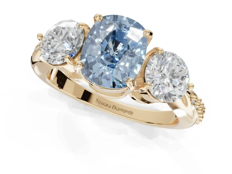 Cushion Cut Three Stone Engagement Ring Setting for a Fancy Blue Lab-Grown Diamond | Tapered Pave Band | Yellow Gold