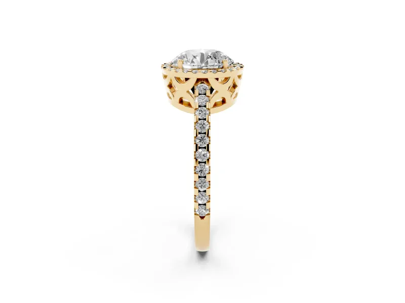 Round Halo Engagement Ring Setting | Half Pave Band | Yellow Gold