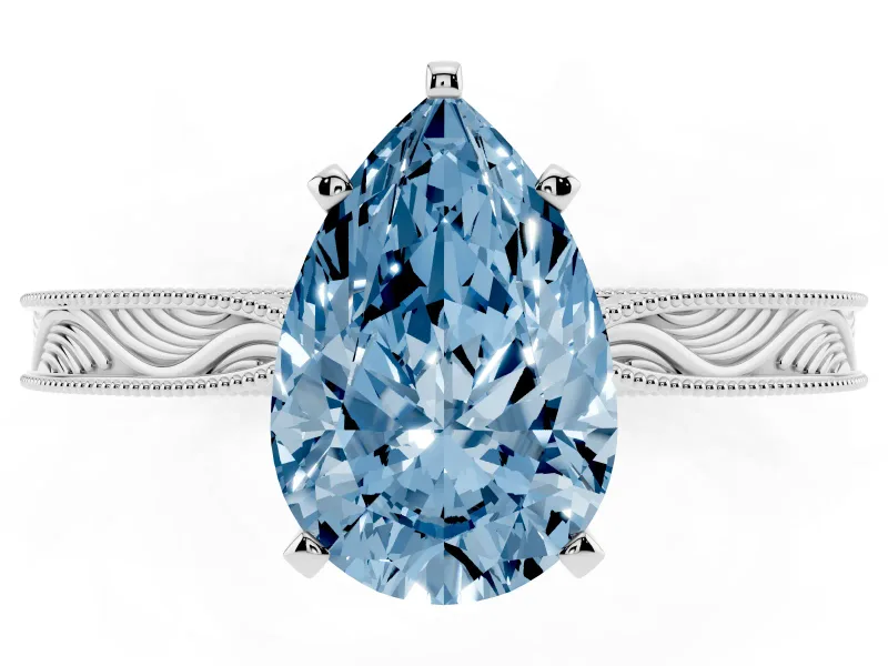 Fancy Blue Pear Cut Diamond Solitaire Milgrain Engraved Band Set in Platinum with Prong Setting