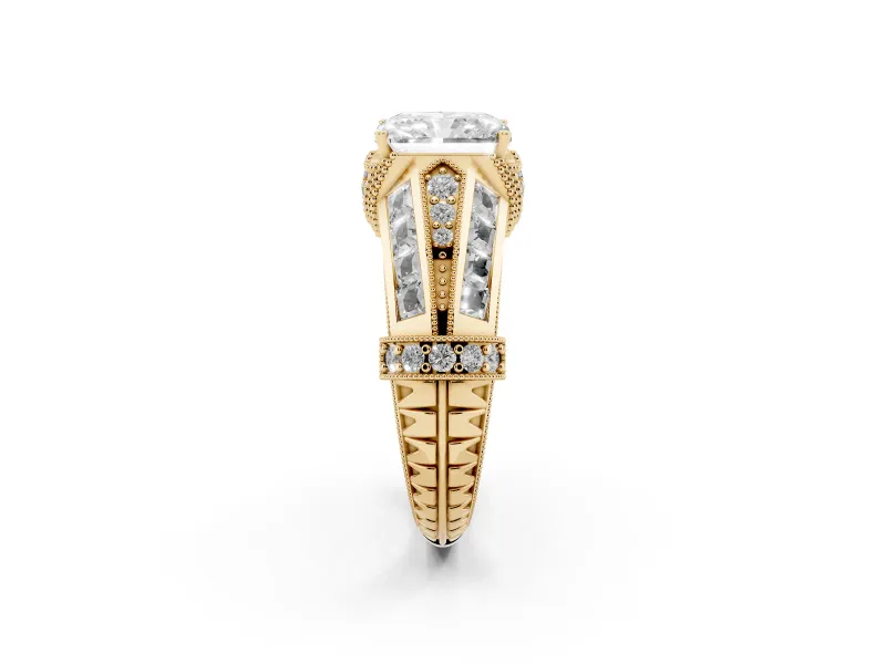 Radiant Cut Diamond Vintage-Inspired Milgrain Ring Set in Yellow gold with Accent Split Shank