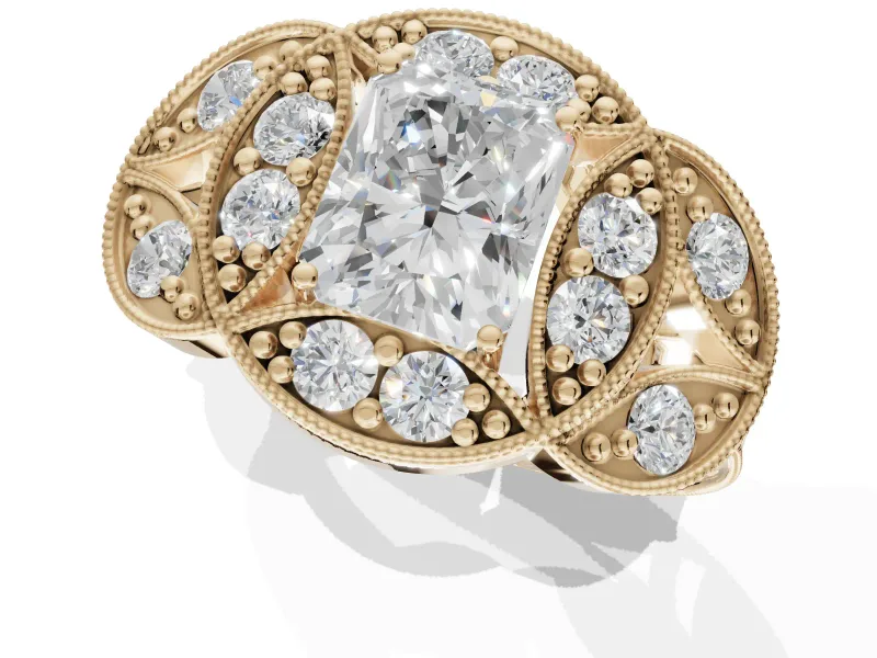 Radiant Cut Vintage Floral Halo Engagement Ring Setting | Engraved Milgrain Band | Yellow Gold