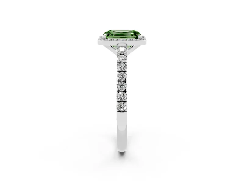 Fancy Green Emerald Cut Diamond Halo Engagement Ring Set in Silver with Pavé Band and Prong Setting