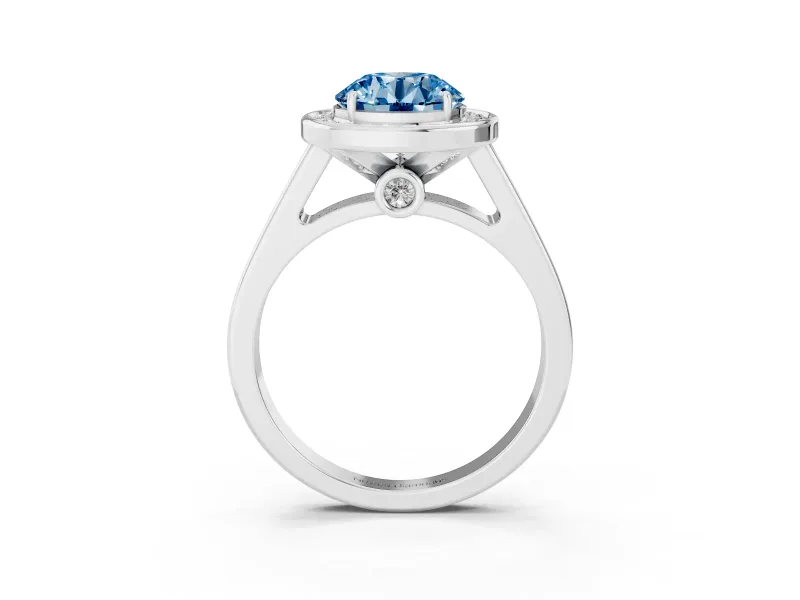 Fancy Blue Round Cut Diamond Halo Solitaire Ring Set in White gold with Pavé Band and Bezel Setting
