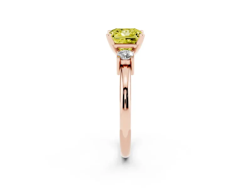 Fancy Yellow Three-Stone Princess Cut Diamond Ring Set in Rose gold with Prong Setting and Plain Band