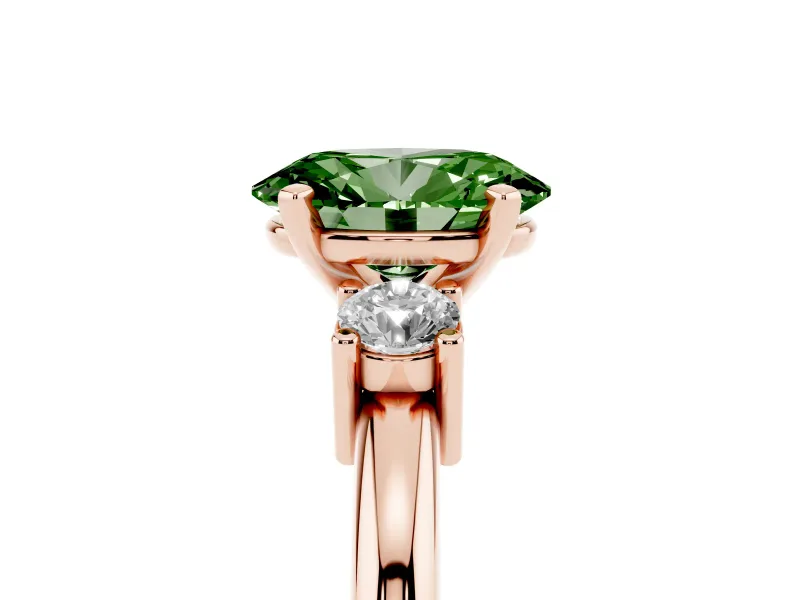 Fancy Green Three-Stone Oval Cut Diamond Ring Set in Rose gold with Prong Setting and Plain Band