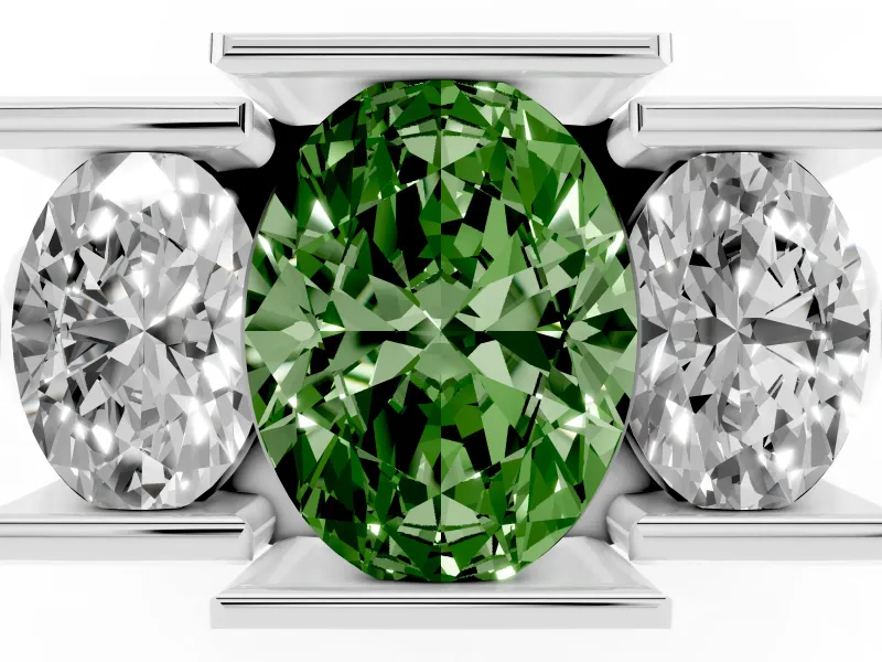 Fancy Green Oval Cut Diamond Three-Stone Channel Set Ring Set in Platinum with Smooth Polished Band