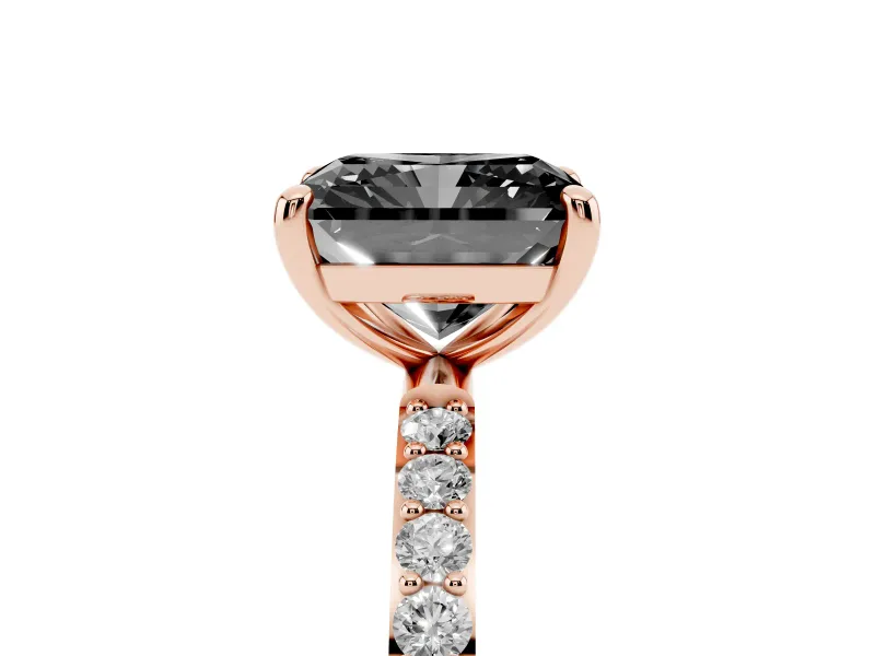 Fancy Black Radiant Cut Diamond Solitaire Ring Set in Rose gold with Round Pavé Band and Prong Setting