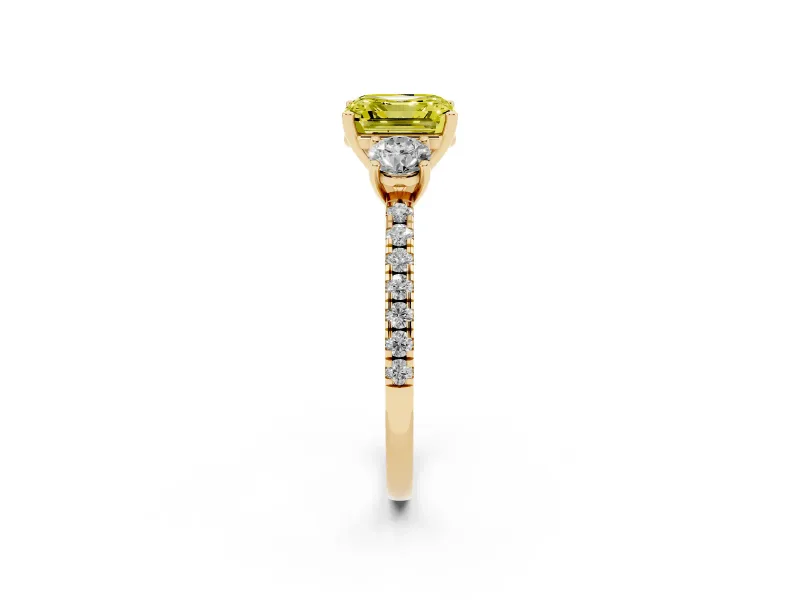 Asscher Cut Three Stone Engagement Ring Setting for a Fancy Yellow Lab-Grown Diamond | Pave Shoulders | Yellow Gold
