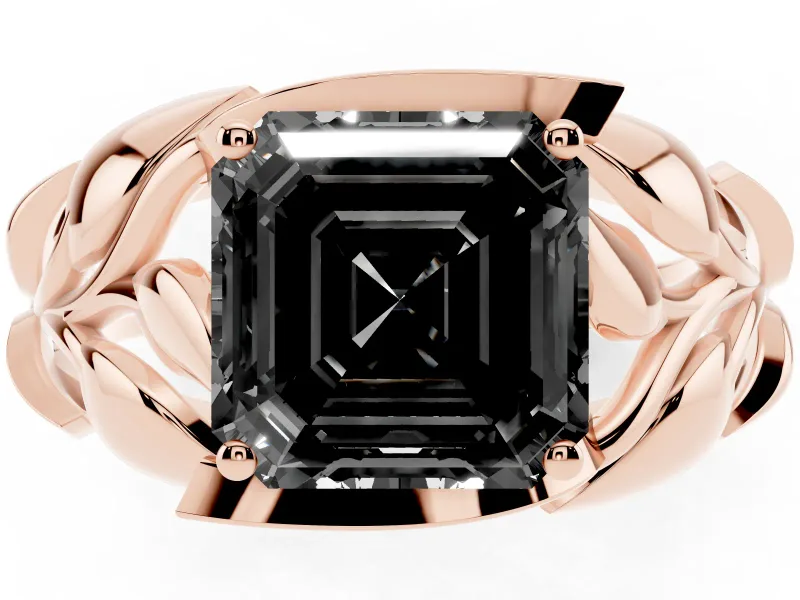 Asscher Cut Leaf Bypass Engagement Ring Setting for a Black Center | Pavé Leaf Accents | Rose Gold