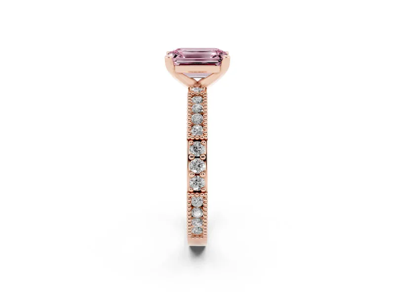 Fancy Pink Emerald Cut Diamond Solitaire Ring Set in Rose gold with Slim Pavé Band and Prong Setting