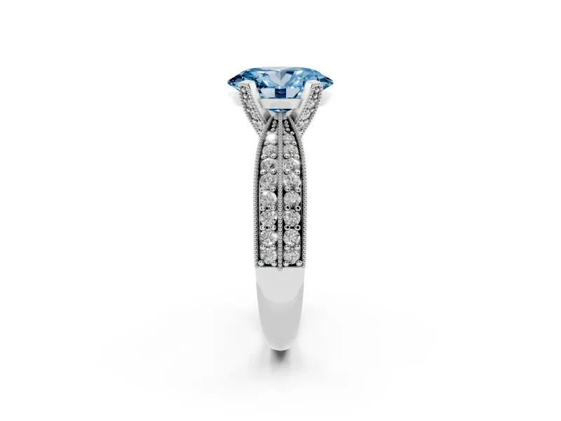 Fancy Blue Oval Cut Diamond Solitaire Ring Set in White gold with Milgrain Double Row Round Pavé Band