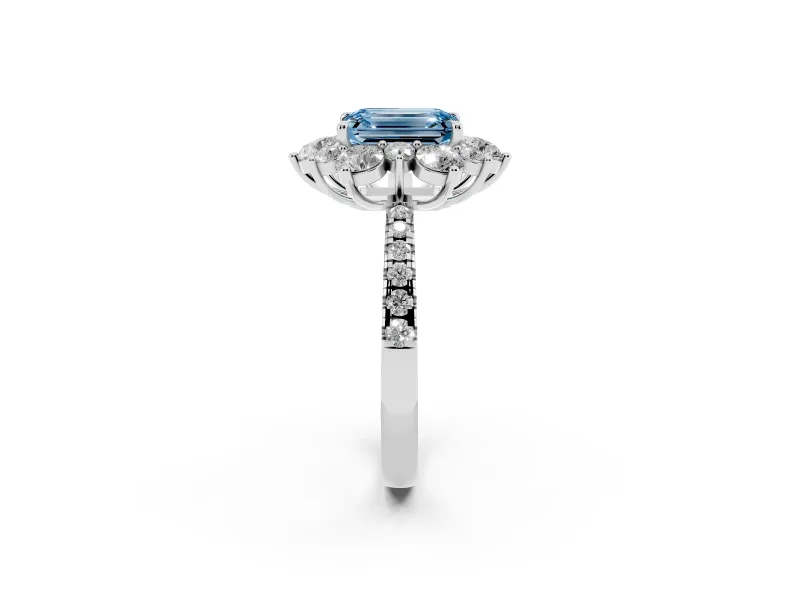 Emerald Cut Star Floral Halo Engagement Ring Setting for a Fancy Blue Lab-Grown Diamond | Sterling Silver