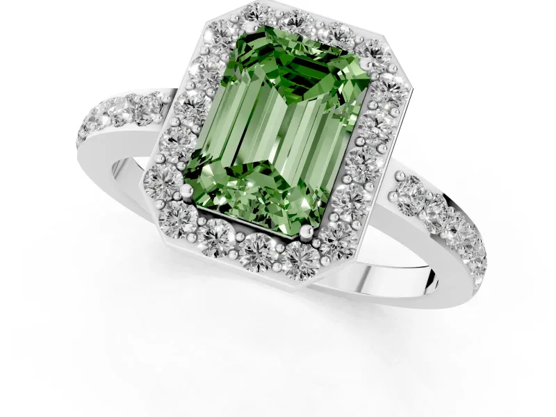Fancy Green Emerald Cut Diamond Halo Ring Set in Platinum with Pavé-Setting Band and Open Prong Center