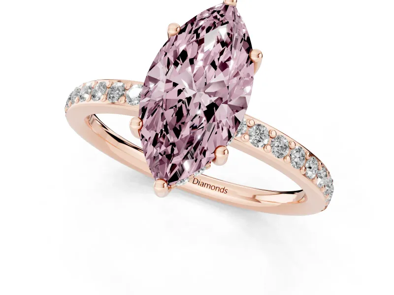 Fancy Pink Marquise Cut Diamond Pavé Band Ring Set in Rose gold with Prong-Set Center Stone
