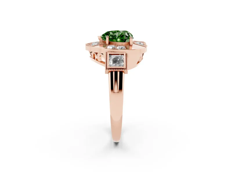 Fancy Green Heart Cut Diamond Milgrain Halo Ring Set in Rose gold with Split Shank