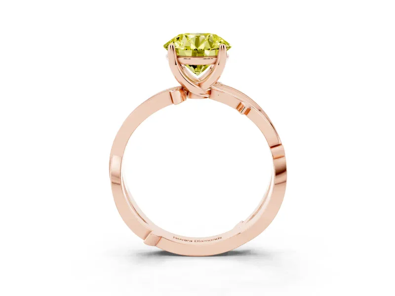 Fancy Yellow Round Cut Diamond Pavé Twist Band Solitaire Ring Set in Rose gold with Prong Setting