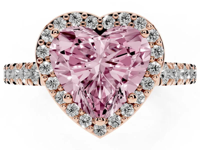 Fancy Pink Heart Cut Diamond Halo Engagement Ring Set in Rose gold with Pavé Band and Prong Setting