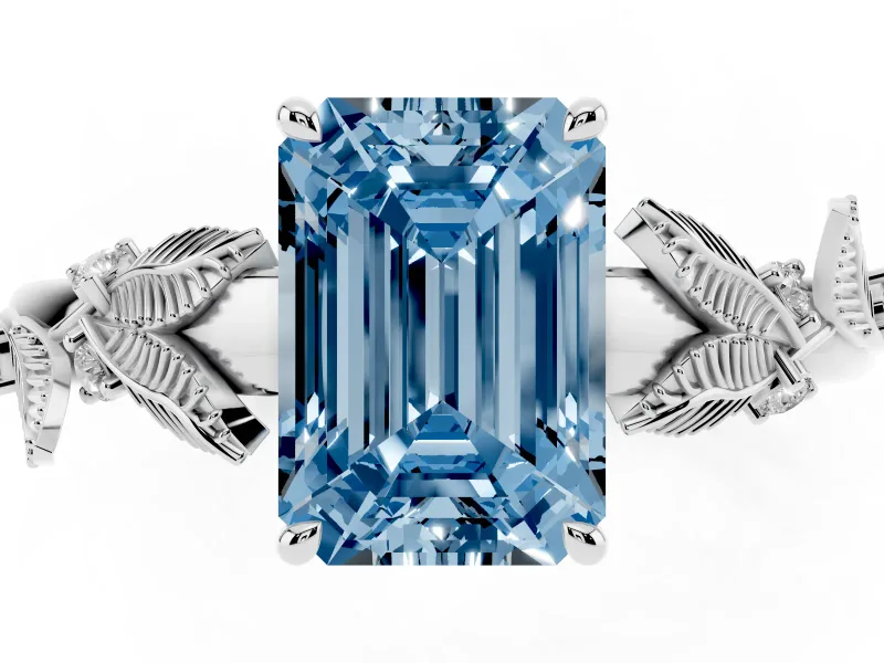 Emerald Cut Leaf Solitaire Engagement Ring Setting for a Fancy Blue Lab-Grown Diamond | Sterling Silver