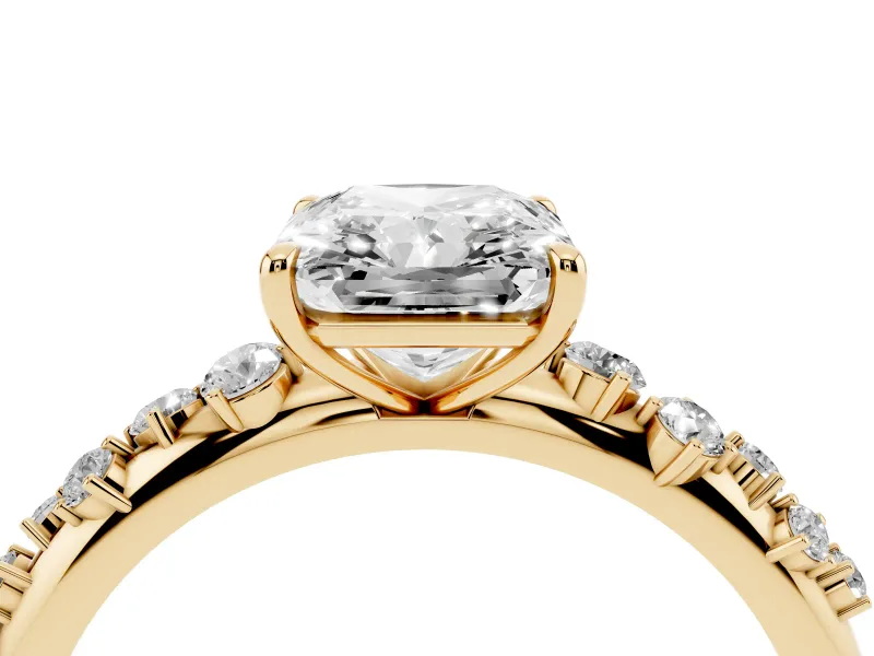 Radiant Cut Diamond Cluster Solitaire Ring Set in Yellow gold with Prong Setting
