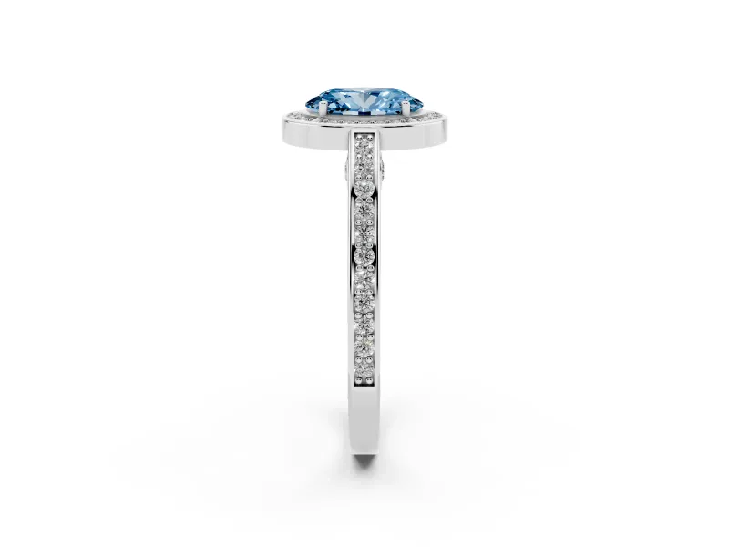 Fancy Blue Oval Cut Diamond Halo Pavé Split Shank Ring Set in White gold with Prong Setting