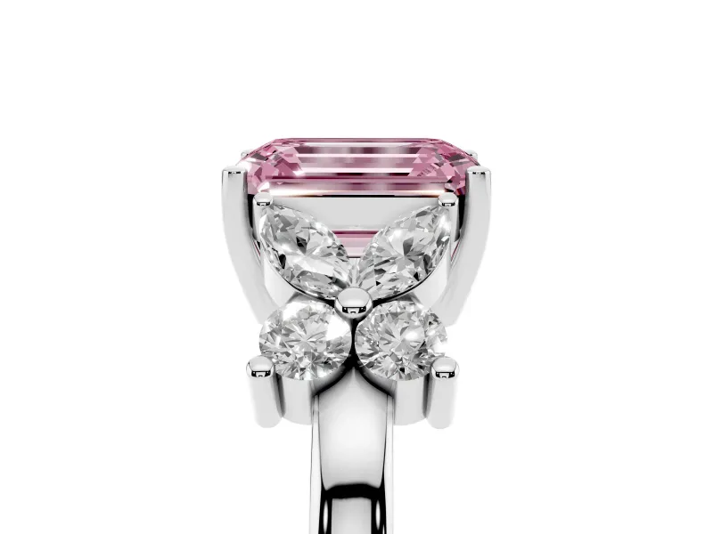 Fancy Pink Emerald Cut Diamond Floral Cluster Ring Set in White gold with Marquise Petals and Prong Setting