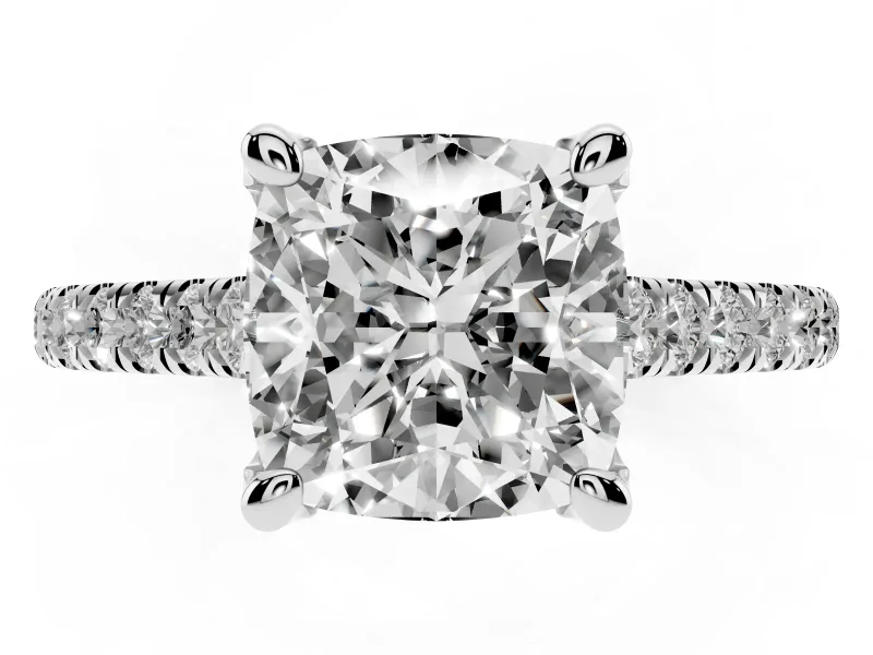 Cushion Cut Hidden Halo Pave Engagement Ring Setting | Claw Prongs | Platinum