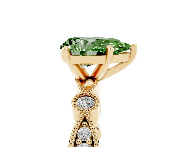 Fancy Green Pear Cut Diamond Solitaire Engagement Ring Set in Yellow gold with Milgrain Bezel Accent Band