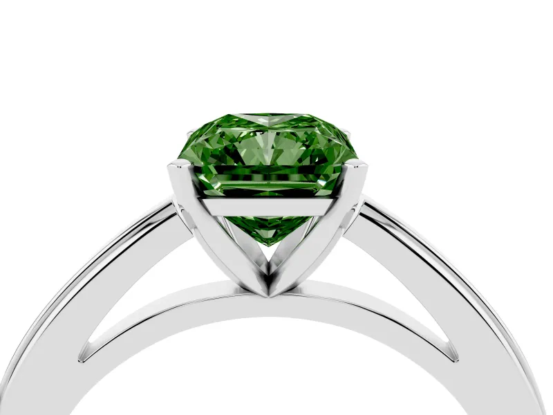 Fancy Green Radiant Cut Diamond Solitaire Ring Set in White gold with Prong Setting and Classic Band