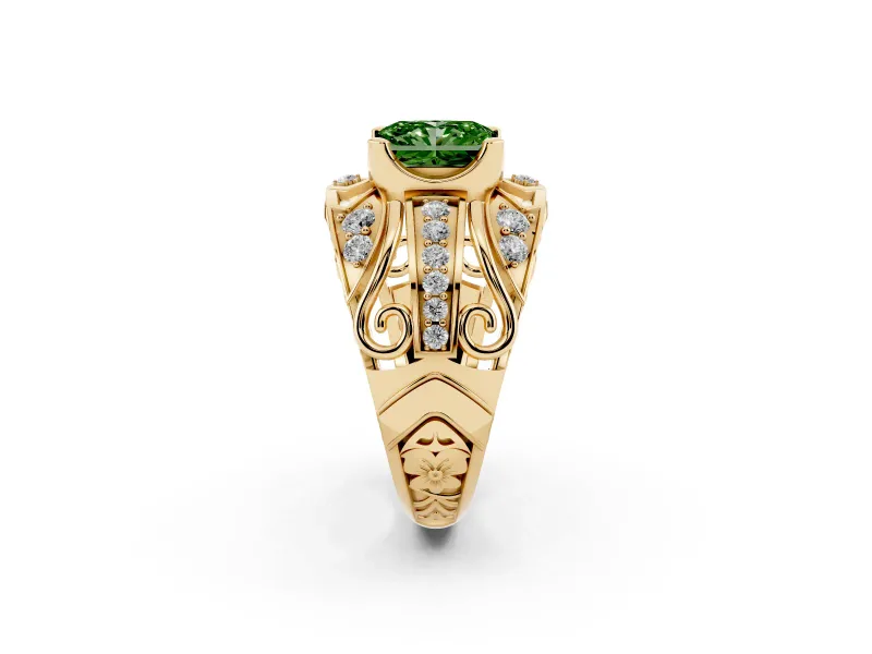Radiant Cut Art Deco Engagement Ring Setting for a Fancy Green Lab-Grown Diamond | Yellow Gold