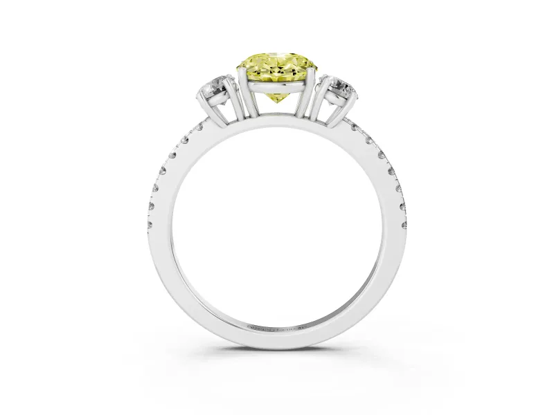 Fancy Yellow Oval Cut Diamond Three-Stone Ring Set in Silver with Pavé Band and Graduated Sides