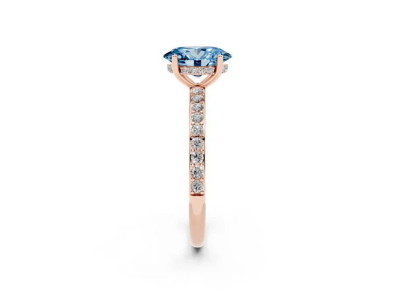 Oval Hidden Halo Engagement Ring Setting for a Fancy Blue Lab-Grown Diamond | Pavé Band | Rose Gold