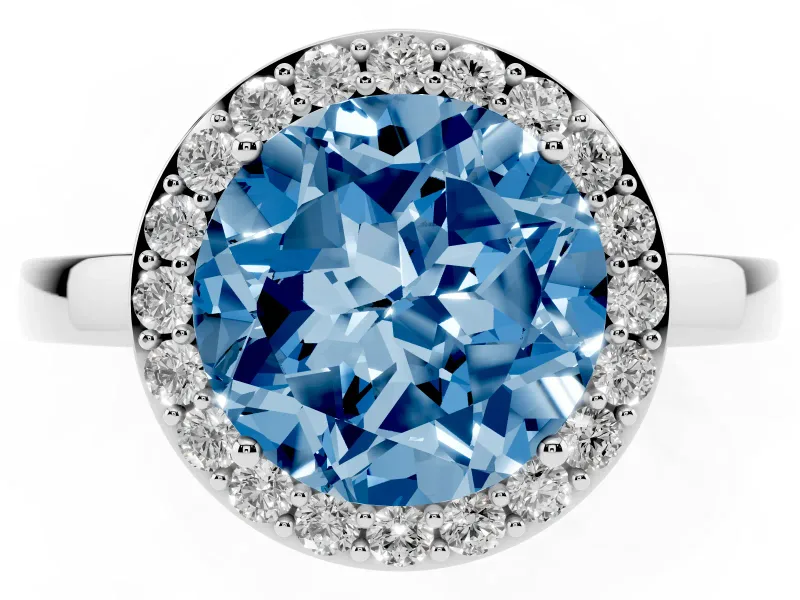 Fancy Blue Round Cut Diamond Halo Ring Set in White gold with Solitaire Band and Prong Setting