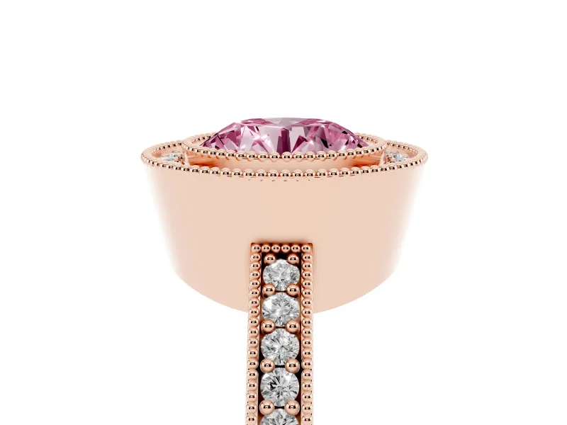 Fancy Pink Round Cut Diamond Halo Engagement Ring Set in Rose gold with Pavé Band and Round Halo Stones