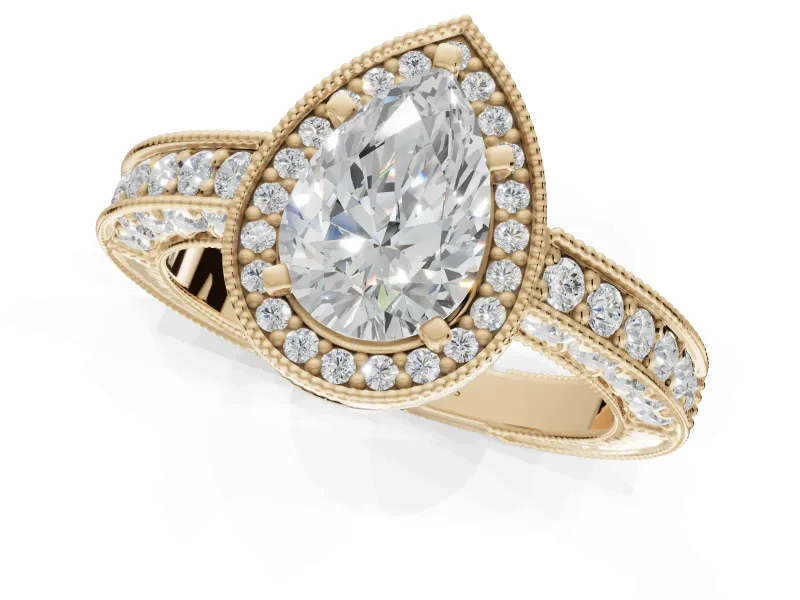 Pear-Shaped Vintage Milgrain Halo Engagement Ring Setting | Wide Pavé Band | Yellow Gold