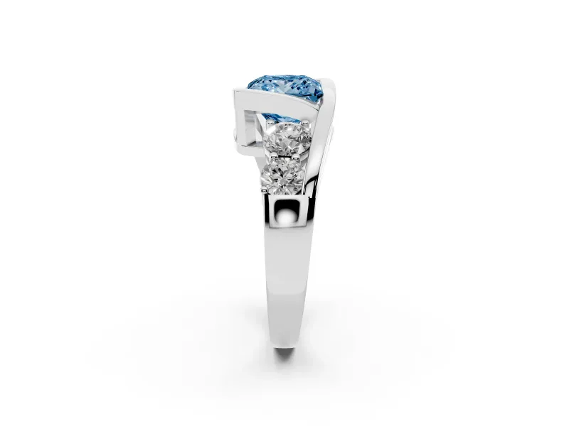 Fancy Blue Princess Cut Diamond Bezel Bypass Ring Set in Platinum with Round Accents