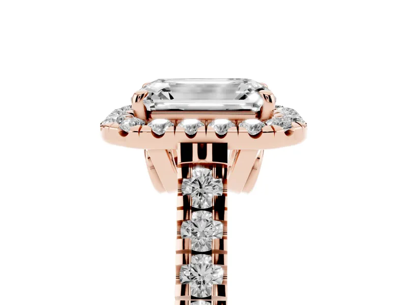 Emerald Cut Halo Engagement Ring Setting | Shared Prong Shoulders | Rose Gold