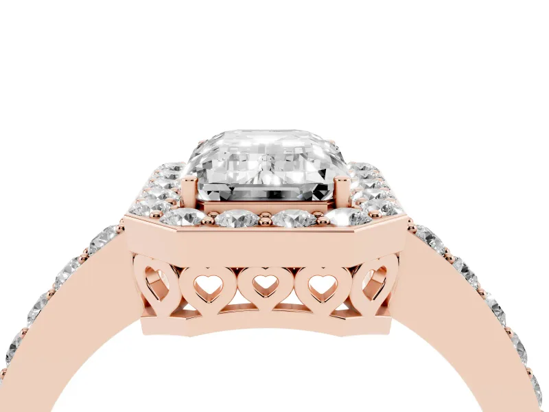 Emerald Cut Diamond Halo Ring Set in Rose gold with Pavé-Setting Band and Open Prong Center