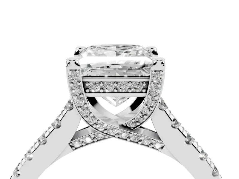 Princess Cut Hidden Halo Pave Engagement Ring Setting | Claw Prongs | Platinum