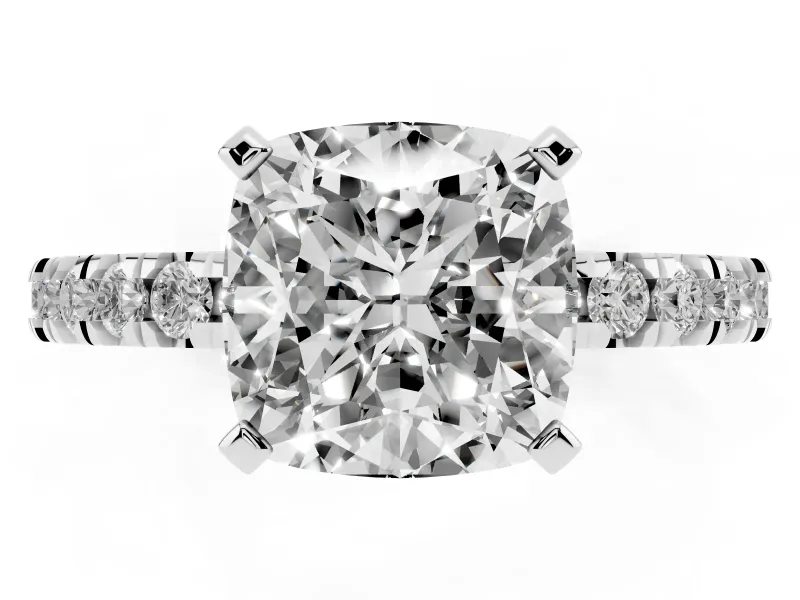 Cushion Cut Diamond Pavé Band Solitaire Set in Platinum with Prong Setting