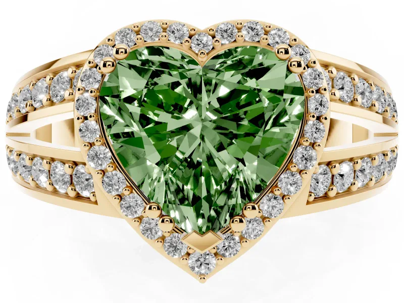 Heart-Shaped Halo Engagement Ring Setting for a Fancy Green Lab-Grown Diamond | Two-Row Pave Split Shank | Yellow Gold