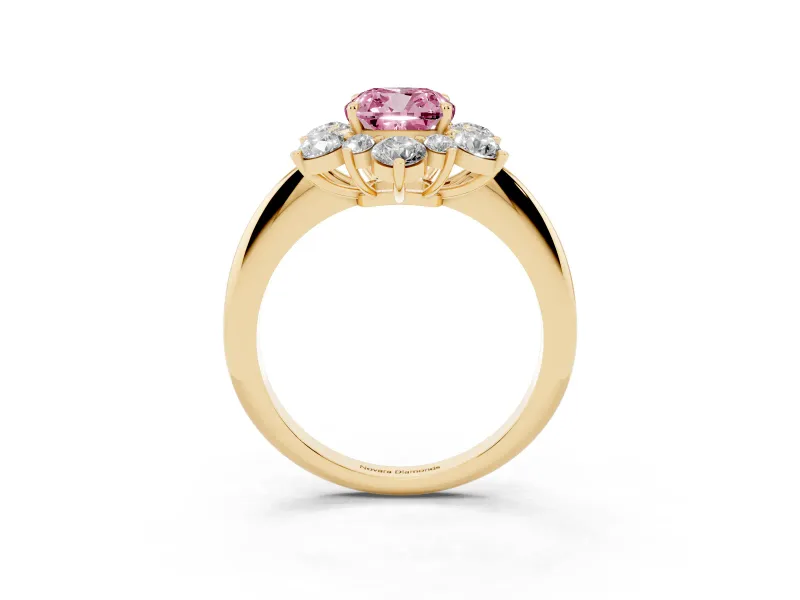 Cushion Cut Cluster Halo Engagement Ring Setting for a Fancy Pink Lab-Grown Diamond | Yellow Gold