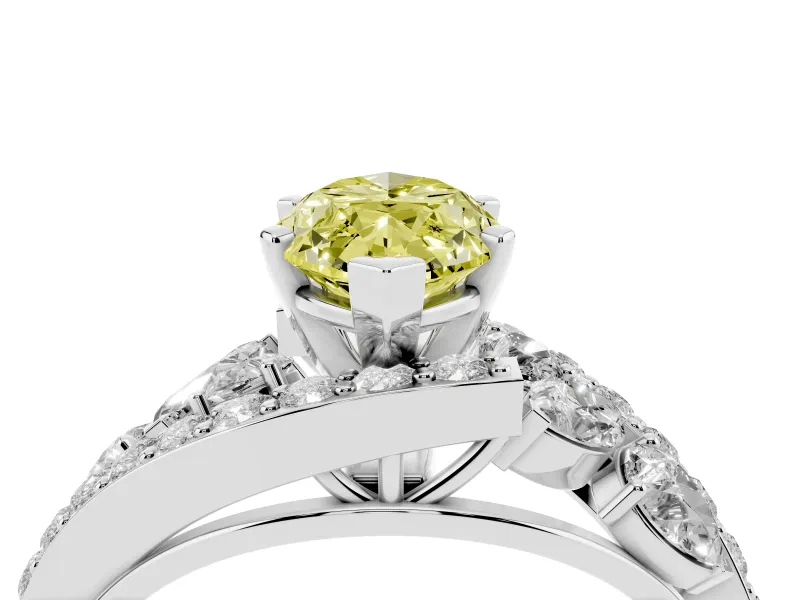 Fancy Yellow Marquise Cut Diamond Halo Ring Set in White gold with Marquise and Pavé Band in Prong Setting
