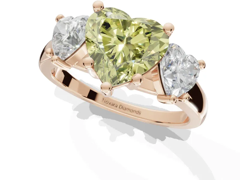 Heart-Shaped Three Stone Engagement Ring Setting for a Fancy Yellow Lab-Grown Diamond | Tapered Band | Rose Gold