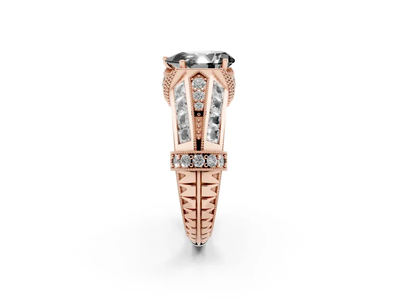 Fancy Black Pear Cut Diamond Vintage-Inspired Milgrain Ring Set in Rose gold with Accent Split Shank