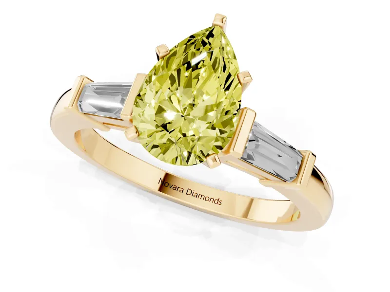 Pear-Shaped Three-Stone Engagement Ring Setting for a Fancy Yellow Lab-Grown Diamond | Tapered Baguettes | Yellow Gold