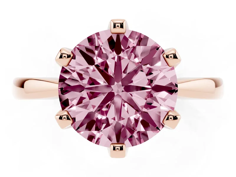 Fancy Pink Round Cut Diamond Solitaire Engagement Ring Set in Rose gold with Slim Tapered Solitaire Band