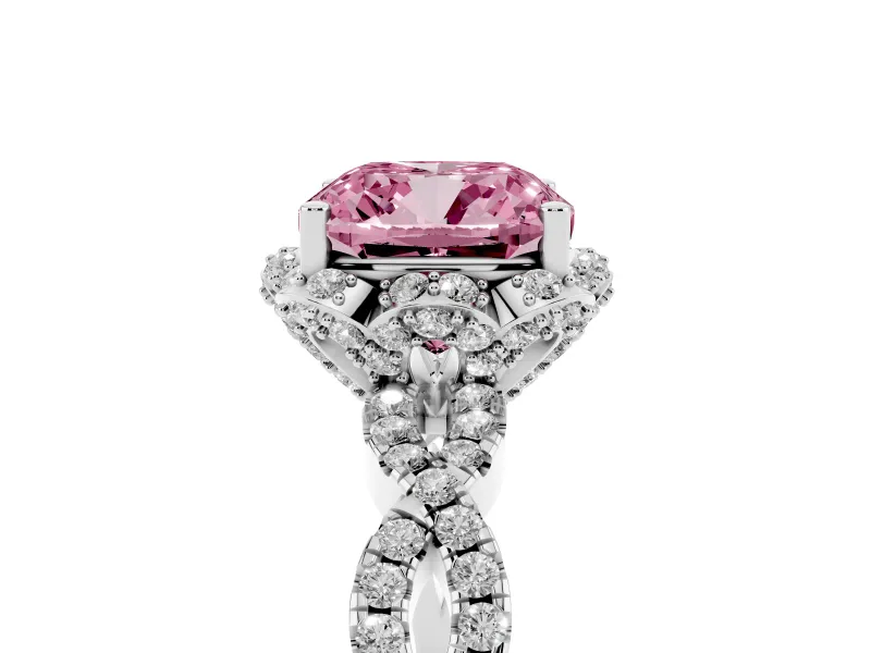 Fancy Pink Cushion Cut Diamond Halo Twist Band Solitaire Ring Set in Platinum with Prong-Set Center Stone