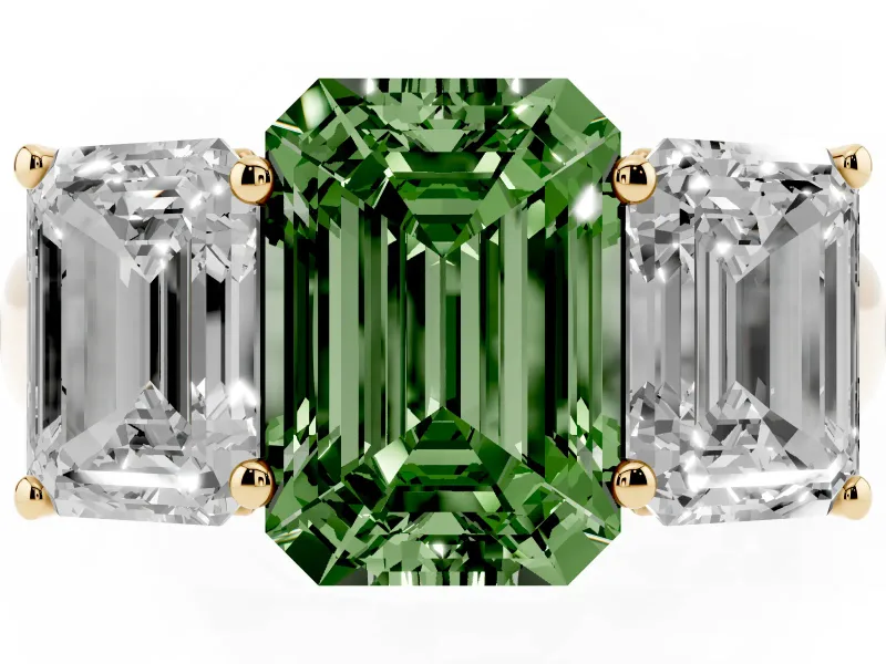 Emerald Cut Three Stone Engagement Ring Setting for a Fancy Green Lab-Grown Diamond | Basket Prong Heads | Yellow Gold