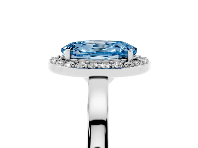 Fancy Blue Oval Cut Diamond Halo Ring Set in Silver with Solitaire Band and Prong Setting