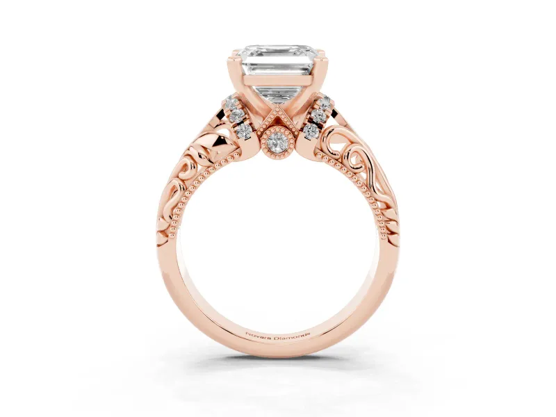 Asscher Cut Diamond Filigree Halo Engagement Ring Set in Rose gold with Prong Setting